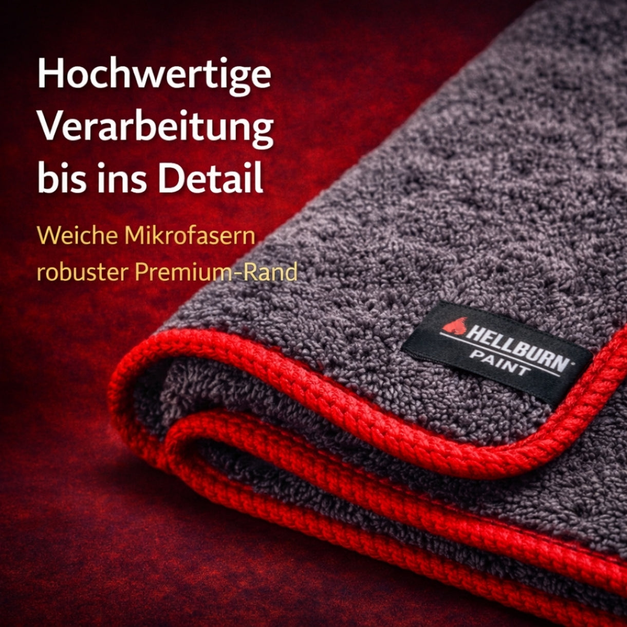 HELLBURN Premium Mikrofasertuch Detailaufnahme – weiche Fasern und robuster Premium Rand