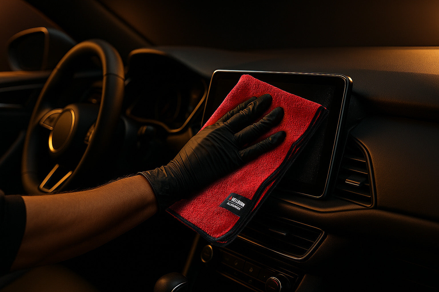 HELLBURN ALLROUNDER Mikrofasertuch im Fahrzeuginnenraum – kurzfloriges Mikrofasertuch (40×40 cm, ca. 400 GSM) zur Reinigung von Cockpit, Displays und Glasflächen