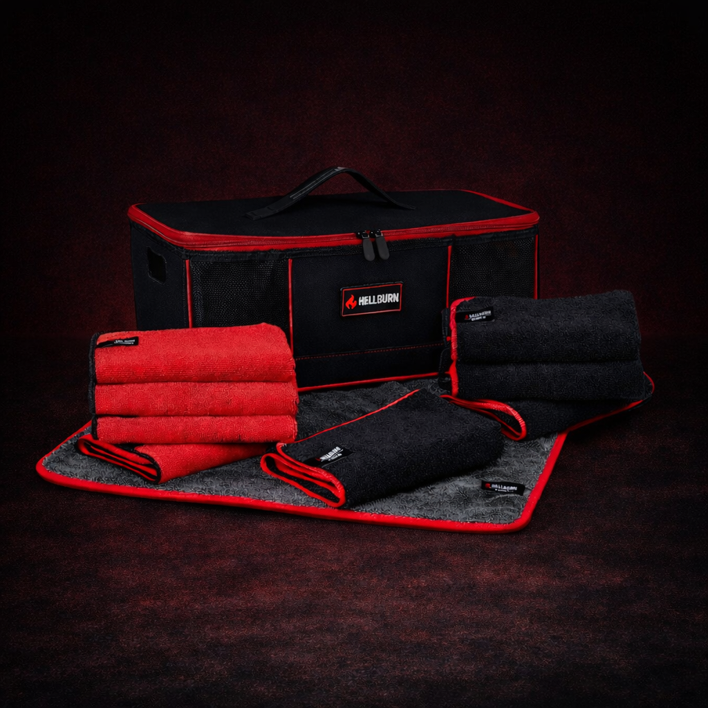 HELLBURN Komplett-Set für Fahrzeugpflege mit Premium-Mikrofasertüchern und Aufbewahrungsbox für Lack, Felgen, Glas und Innenraum