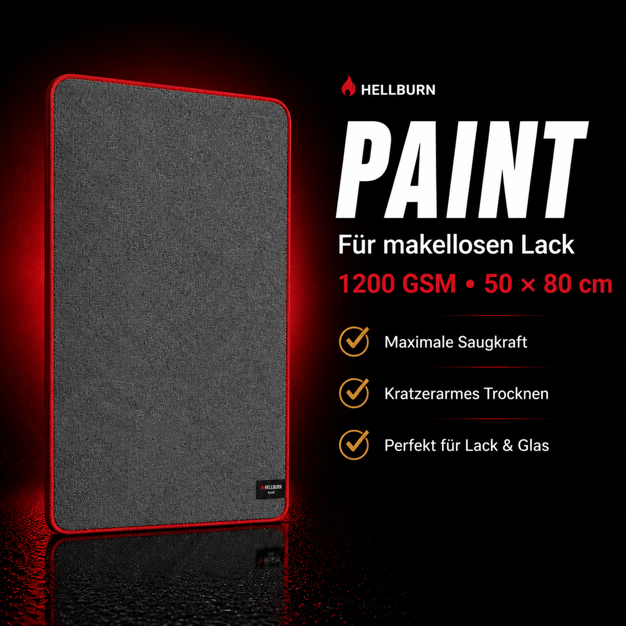 Produktgrafik des HELLBURN PAINT Trockentuchs mit Vorteilen, 1200 GSM und Größe 50 x 80 cm auf dunklem Studiohintergrund.