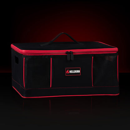 HELLBURN Premium-Aufbewahrungsbox für Mikrofasertücher in Schwarz-Rot mit verstärkten Seitenwänden aus Polypropylen, wasserabweisendem Oxford-Gewebe und robuster Reißverschluss-Konstruktion, präsentiert in dunklem Automotive-Studio mit roten Akzenten und Feature-Highlights zur Fahrzeugpflege.