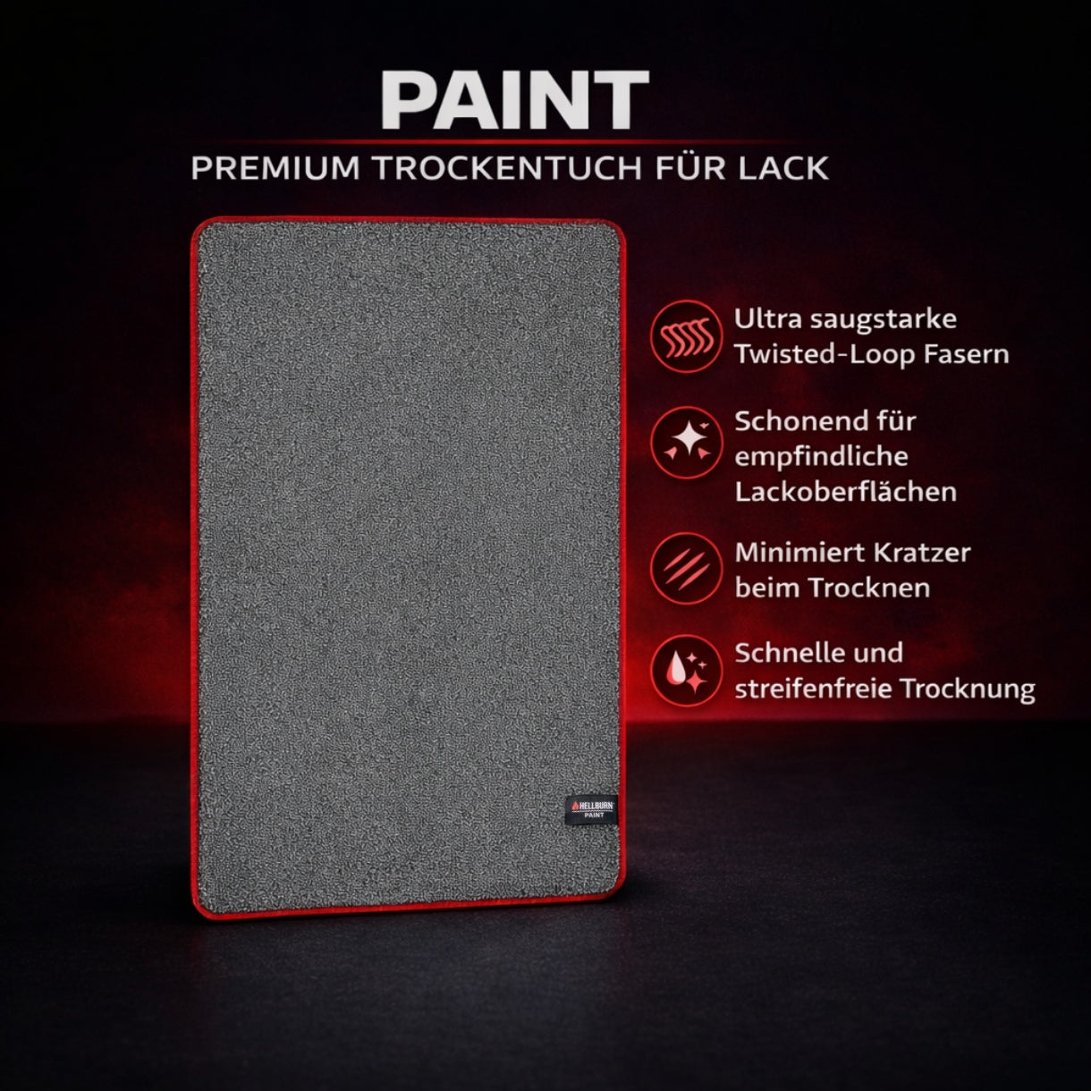 Produktgrafik des HELLBURN PAINT Trockentuchs mit Vorteilen, 1200 GSM und Größe 50 x 80 cm auf dunklem Studiohintergrund.