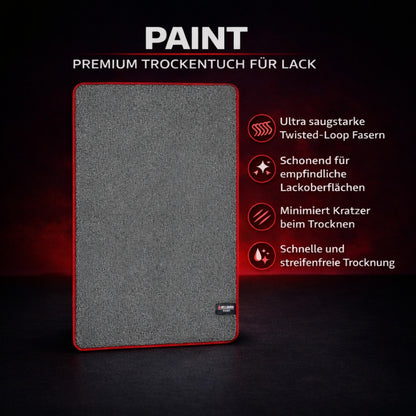 Produktgrafik des HELLBURN PAINT Trockentuchs mit Vorteilen, 1200 GSM und Größe 50 x 80 cm auf dunklem Studiohintergrund.