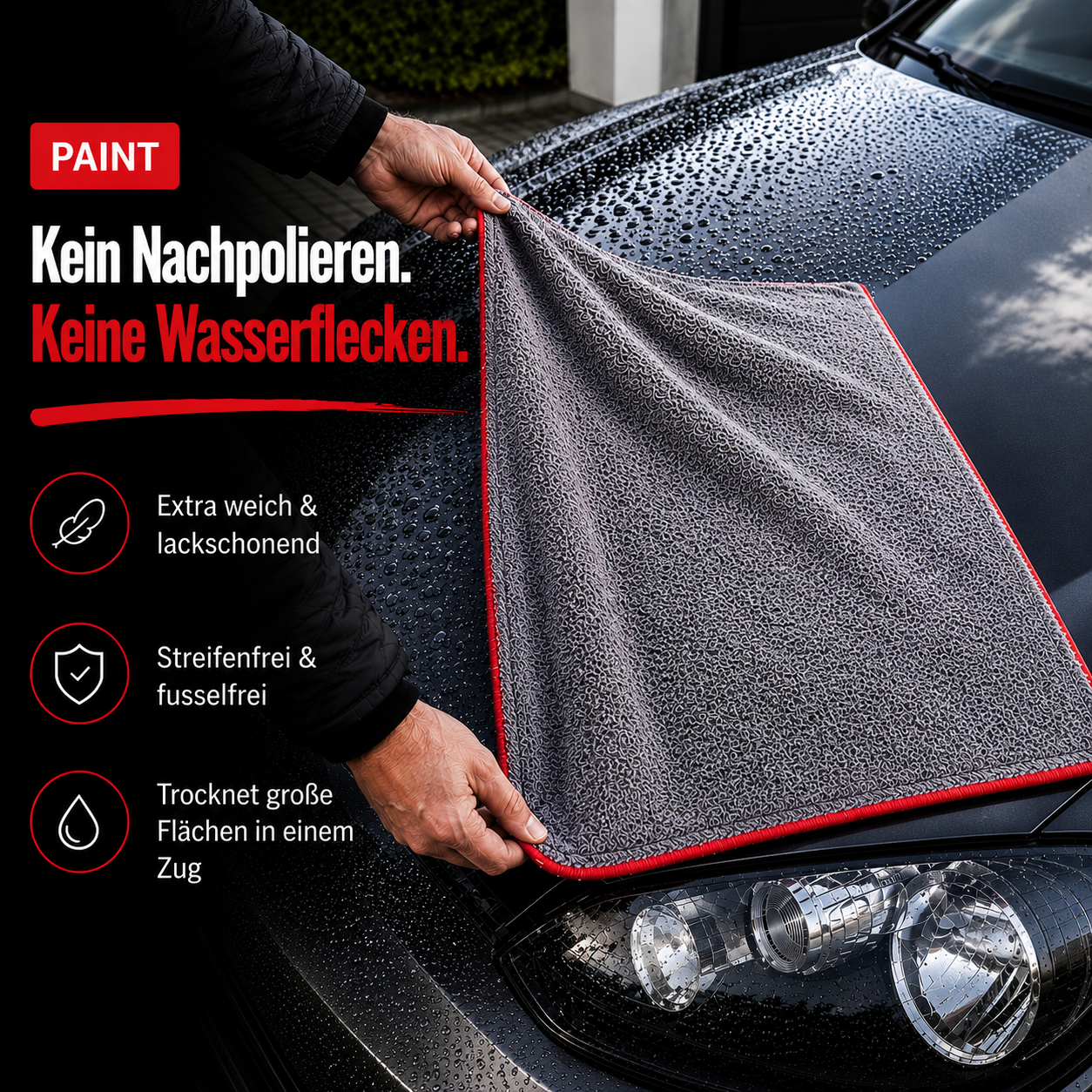 HELLBURN PAINT Mikrofasertuch beim Trocknen eines nassen Fahrzeuglacks. Das große graue Trockentuch mit rotem Rand wird über die Motorhaube gezogen und entfernt Wasser schonend und streifenfrei. Ideal für Lack, Glas und empfindliche Außenflächen.