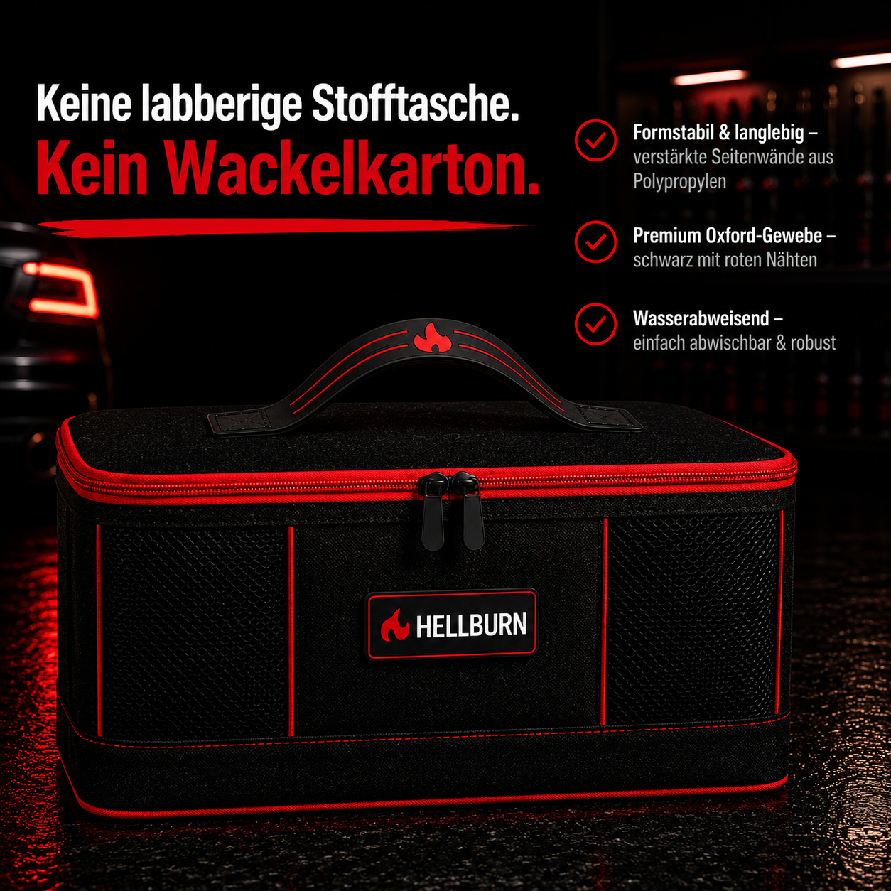 HELLBURN Premium-Aufbewahrungsbox für Mikrofasertücher in Schwarz-Rot mit verstärkten Seitenwänden aus Polypropylen, wasserabweisendem Oxford-Gewebe und robuster Reißverschluss-Konstruktion, präsentiert in dunklem Automotive-Studio mit roten Akzenten und Feature-Highlights zur Fahrzeugpflege.