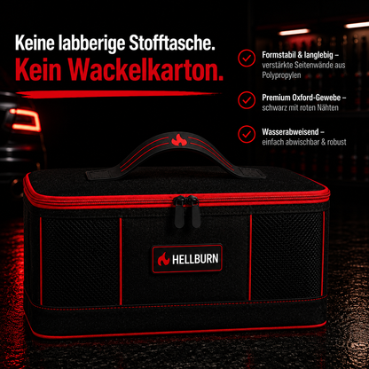 HELLBURN Premium-Aufbewahrungsbox für Mikrofasertücher in Schwarz-Rot mit verstärkten Seitenwänden aus Polypropylen, wasserabweisendem Oxford-Gewebe und robuster Reißverschluss-Konstruktion, präsentiert in dunklem Automotive-Studio mit roten Akzenten und Feature-Highlights zur Fahrzeugpflege.