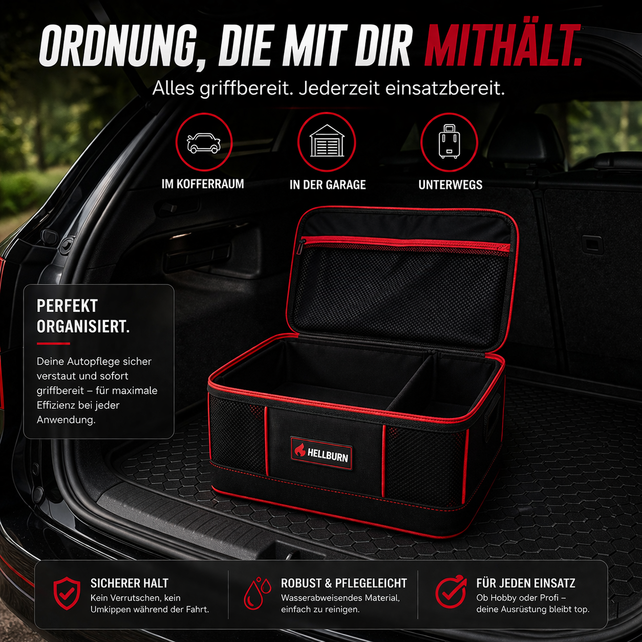 HELLBURN Auto Organizer Box im Kofferraum mit Deckel offen, schwarzes Design mit roten Akzenten und flexiblem Trenner (großes Fach links, kleines Fach rechts), für strukturierte Autopflege und sicheren Transport
