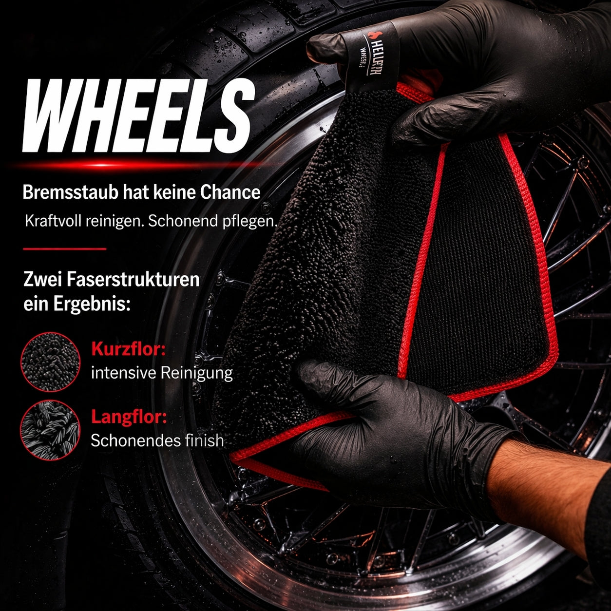 HELLBURN WHEELS Mikrofasertuch 380 GSM mit Kurz- und Langflor Struktur zur Felgenreinigung am Autoreifen