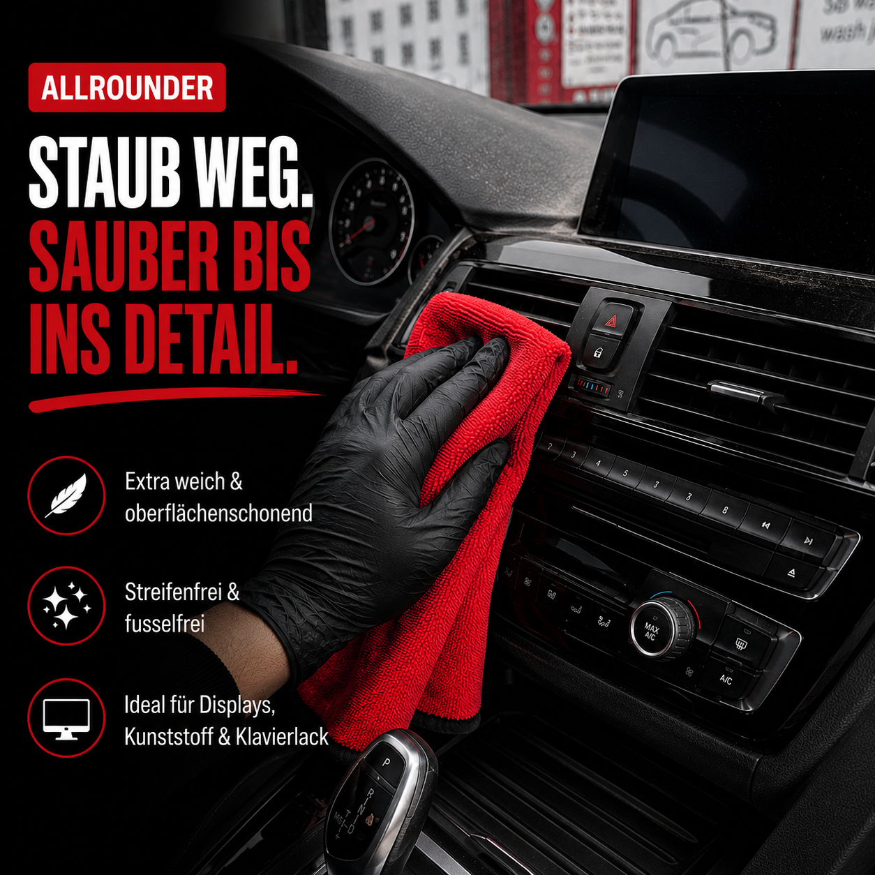 HELLBURN ALLROUNDER Mikrofasertuch bei der Reinigung eines Fahrzeuginnenraums. Das rote Mikrofasertuch mit schwarzem Rand entfernt Staub, Fingerabdrücke und leichte Verschmutzungen von Cockpit, Displays und Kunststoffoberflächen. Ideal für Innenraum, Touchscreens und empfindliche Oberflächen.