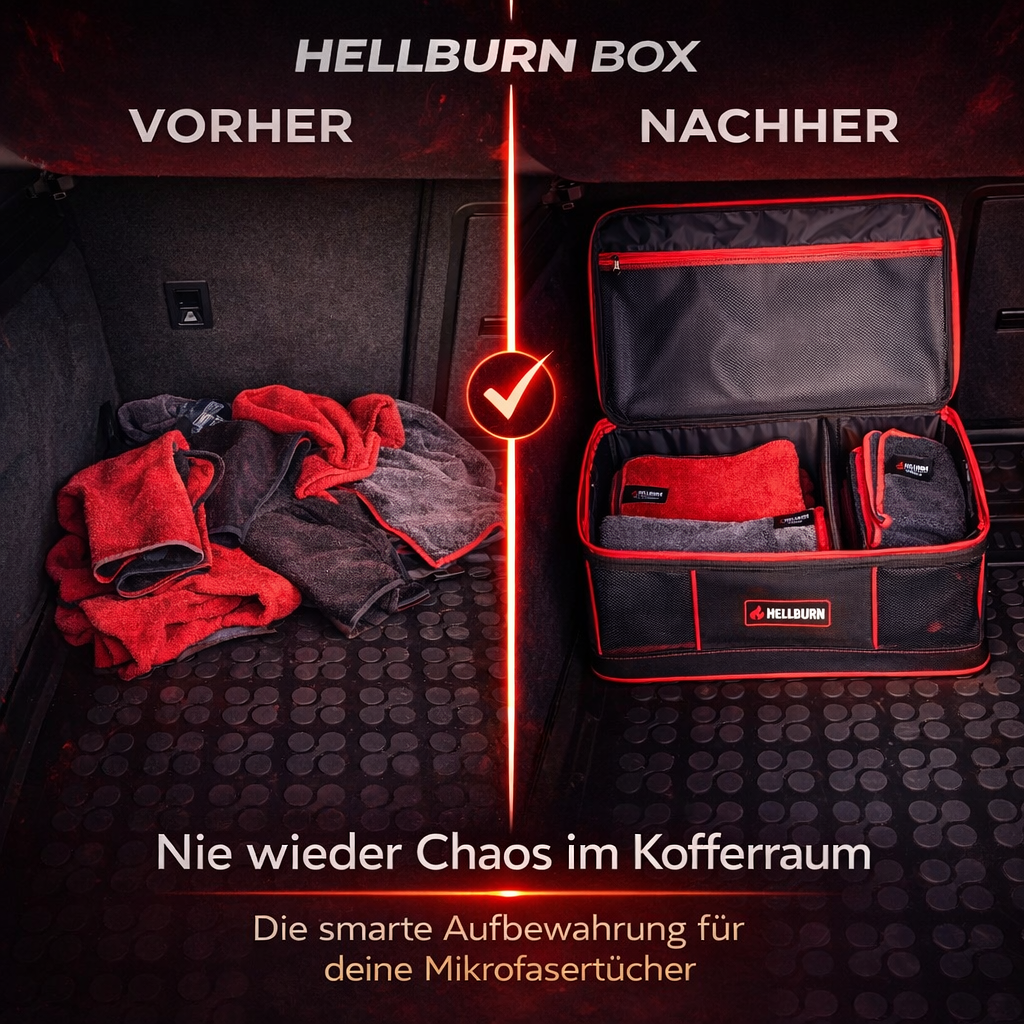 Vorher-Nachher-Vergleich im Kofferraum: links lose Mikrofasertücher im Chaos, rechts ordentlich verstaut in der geöffneten HELLBURN Box mit rotem Rand und Innenfächern.