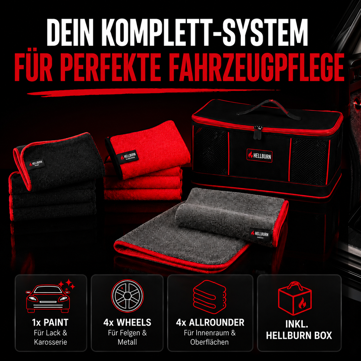 HELLBURN Komplett-System für Fahrzeugpflege mit Premium-Aufbewahrungsbox und Mikrofasertüchern. Das Set enthält 1× PAINT-Trockentuch für Lack und Außenflächen, 4× WHEELS-Tücher für Felgen und stark verschmutzte Bereiche sowie 4× ALLROUNDER-Tücher für Innenraum, Cockpit und Displays. Die schwarze HELLBURN Box mit roten Akzenten sorgt für Ordnung, Schutz und schnellen Zugriff auf alle Fahrzeugpflege-Tücher. Schwarzes Studio-Setup mit roter Beleuchtung im hochwertigen Automotive-Design.